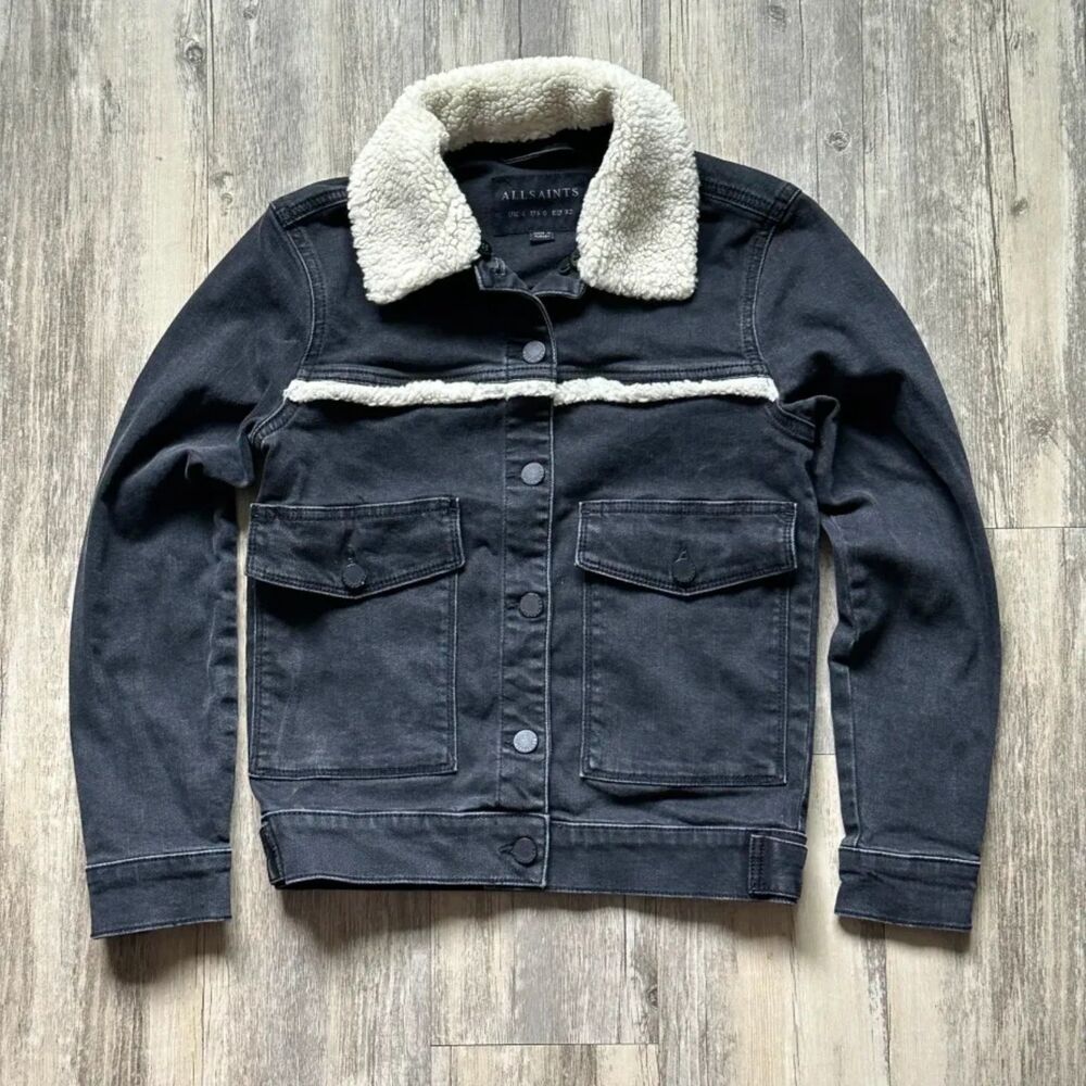 AllSaints Women's Shearling Collar Black Denim Jacket Size 0
